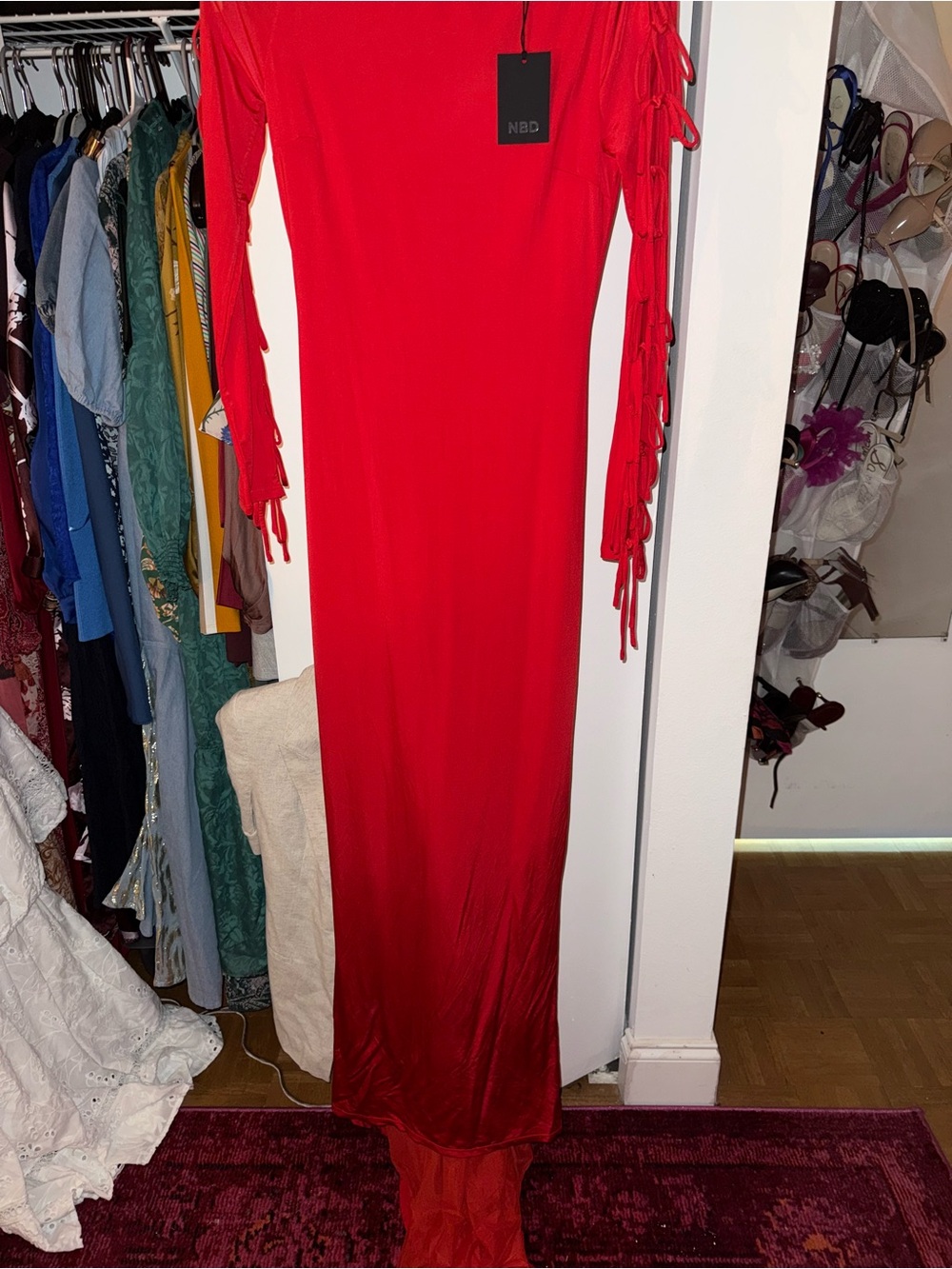 NBD “Simone Gown” Red Long-Sleeve Maxi Dress with Fringe Tie Sleeves